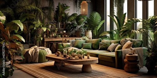 Photo of a cozy and green living room with natural elements