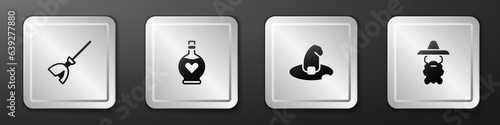 Set Witches broom, Bottle with love potion, hat and Wizard warlock icon. Silver square button. Vector