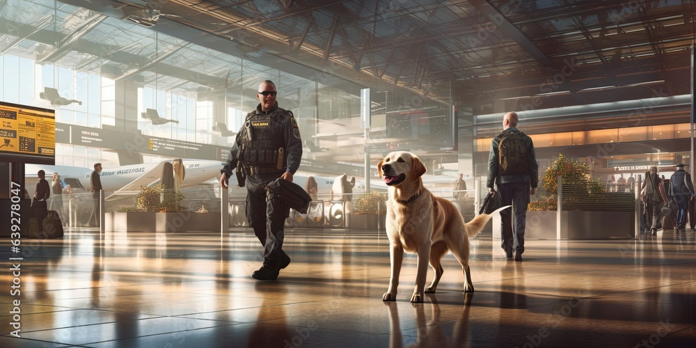 Security workers with detection dog patrolling airport terminal Stock