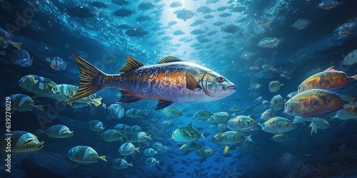 School of fish swim through light steaks under textured sea surface © Павел Озарчук