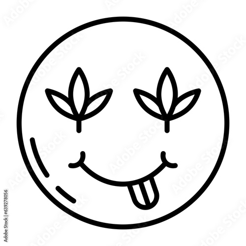 Happy 420 Smoker Face vector outline design, hallucinogen and stimulant symbol, thca and cbda sign, psychoactive nature drug stock illustration, weed smiley face tongue out concept
