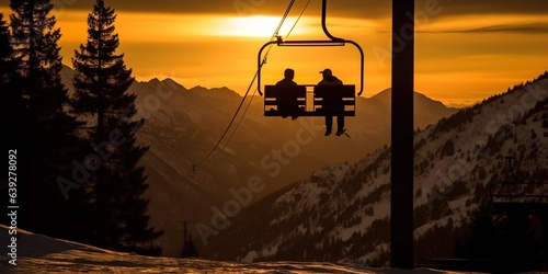 Silhouette of a chairlift in Astun ski resort, Pyrenees in Spain. photo