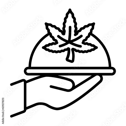 Hand holding cloche with hemp leaf vector outline design, hallucinogen and stimulant symbol, thca and cbda sign, psychoactive nature drug stock illustration, Cannabis-infused food concept
