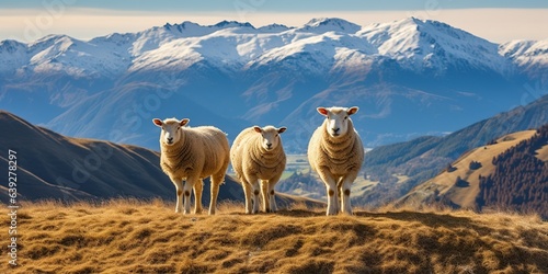 Canvas Print Three sheep in meadow on hill, Wanaka ski area road, South Island, New Zealand