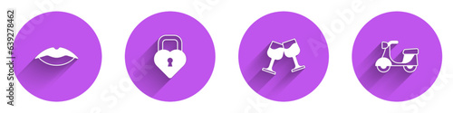 Set Smiling lips, Castle the shape of heart, Wine glass and Scooter icon with long shadow. Vector