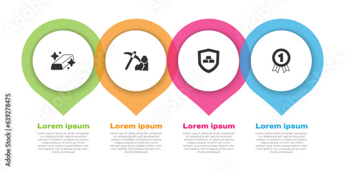 Set Gold bars, mining, with shield and Medal. Business infographic template. Vector