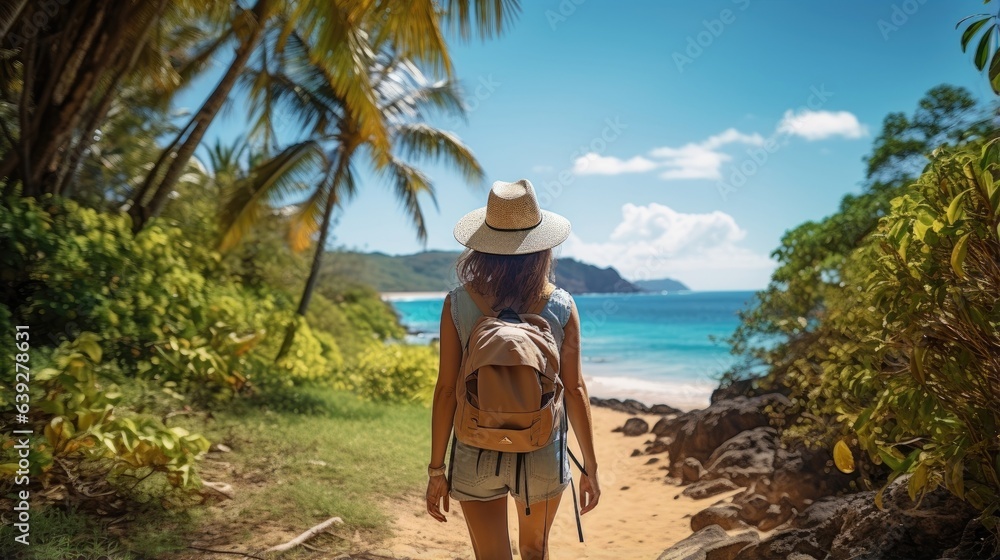 Female hiker, full body, view from behind, walking alon a tropical beach