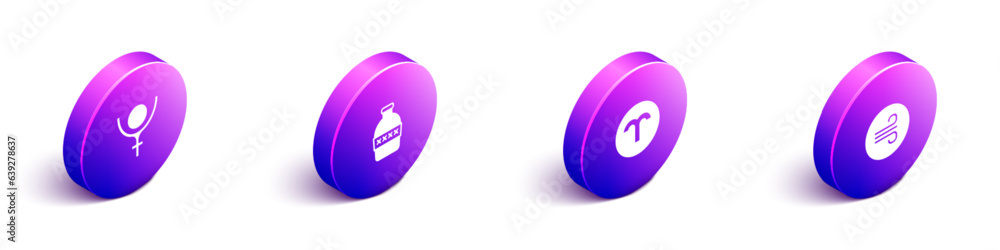 Set Isometric Symbol Pluto, Bottle of water, Aries zodiac and Windy weather icon. Vector Set Isometric Symbol Pluto, Bottle of water, Aries zodiac and Windy weather icon. Vector