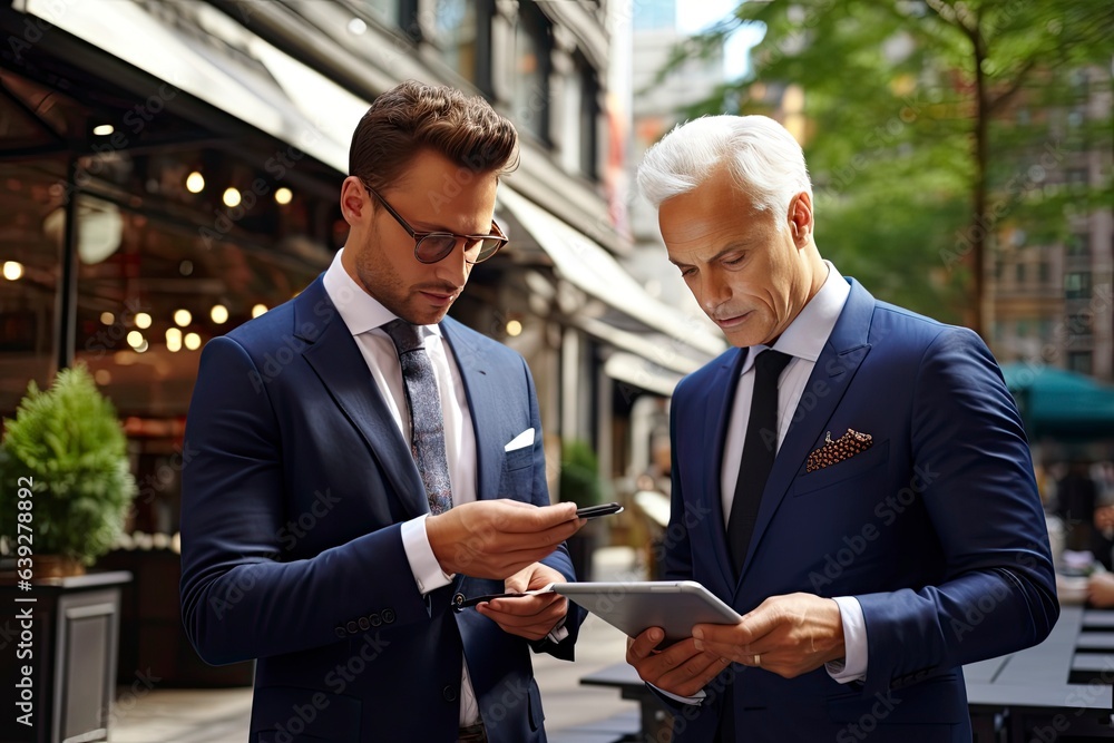 Two business professionals discussing information on a tablet device created with Generative AI technology Two business professionals discussing information on a tablet device created with Generative AI technology