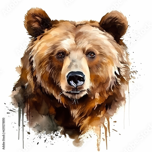 Big grizzly bear inside a heart shape. Watercolor illustration.