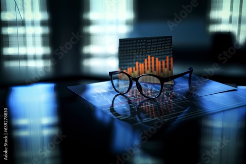 A pair of Glasses resting on a table surface with some stock chart created with Generative AI technology