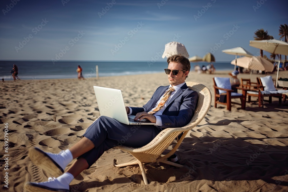 A man working on a laptop while enjoying the beach created with Generative AI technology