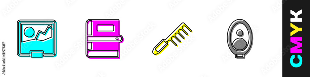 Set Picture, Book, Hairbrush and Portrait picture in museum icon. Vector