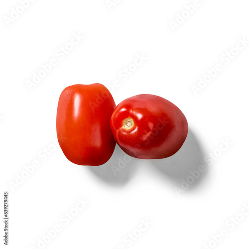 Close up view red tomatoes isolated on white background.