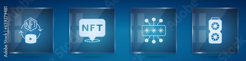 Set NFT Digital crypto art, Cyber security and Video graphic card. Square glass panels. Vector