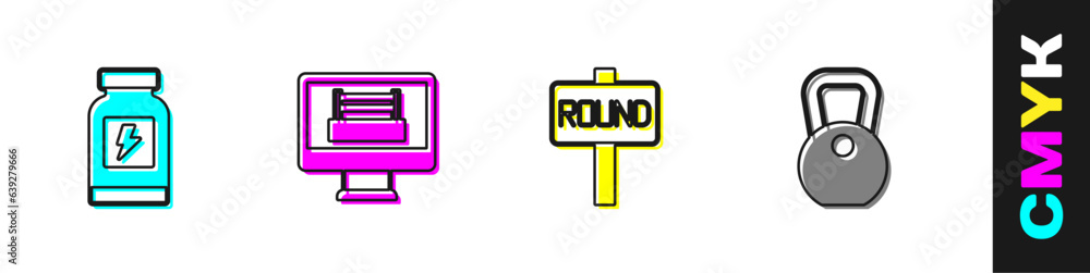 Set Energy drink, Boxing ring, board and Weight icon. Vector Set Energy drink, Boxing ring, board and Weight icon. Vector