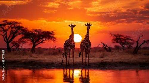 Giraffes against a vibrant sunset 