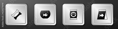 Set Dog bone, Aquarium with fish, Bag of food for pet and Food icon. Silver square button. Vector