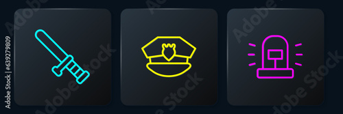 Set line Police rubber baton, Flasher siren and cap with cockade. Black square button. Vector