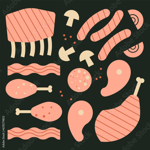 Meat and sausages set. Steak and barbecue collection. Flat food vector illustration, geometric, modern style.