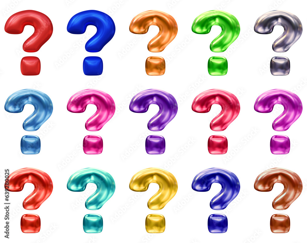 Set of question mark symbol design. Ask icon or sign shape isolated on transparent background in 3d rendering. Set of question mark symbol design. Ask icon or sign shape isolated on transparent background in 3d rendering.