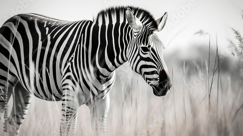 Monochrome zebra grazing on grass 