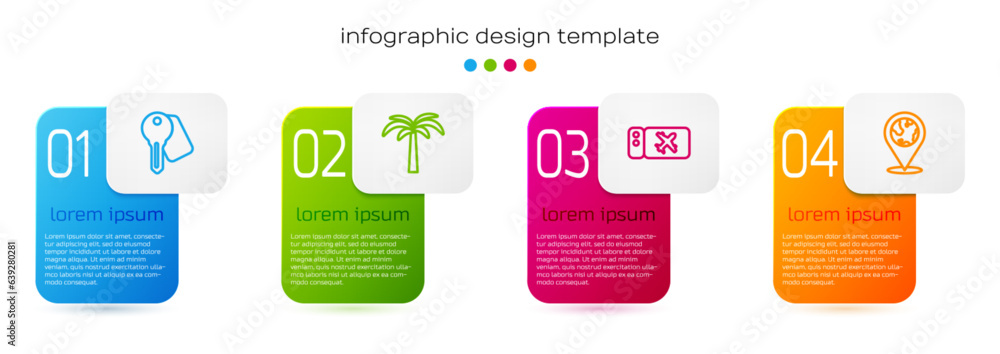 Set line Hotel door lock key, Tropical palm tree, Airline ticket and Location on the globe. Business infographic template. Vector