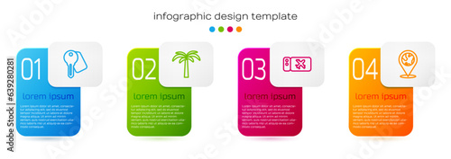 Set line Hotel door lock key, Tropical palm tree, Airline ticket and Location on the globe. Business infographic template. Vector