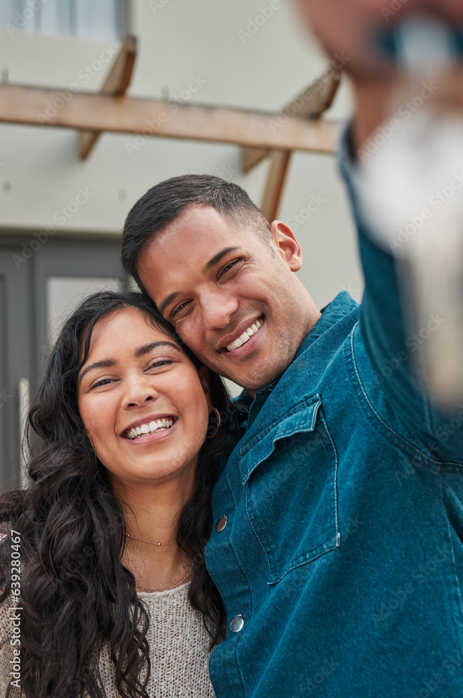 Happy couple, portrait and real estate with keys to home, new building or property investment together. Man and woman or homeowners smile for moving in, buying or asset loan in finance and investing