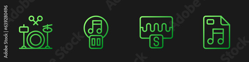 Set line Music wave equalizer, Drums, Pause button and MP3 file document. Gradient color icons. Vector