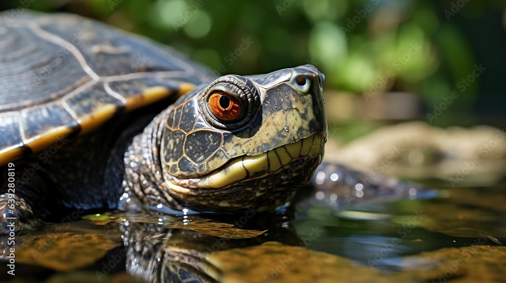 Obraz premium Turtle's face reflected in a pond 