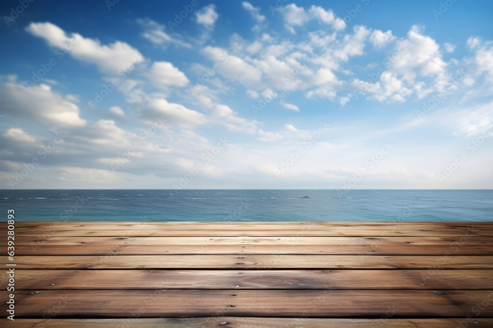 Wooden plank floor table and empty front, and beautiful beach and sea background, cloud and sky, bright theme