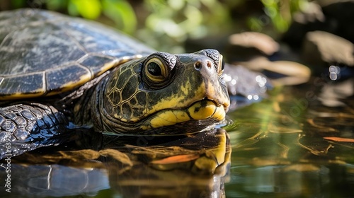 Turtle's face reflected in a pond
