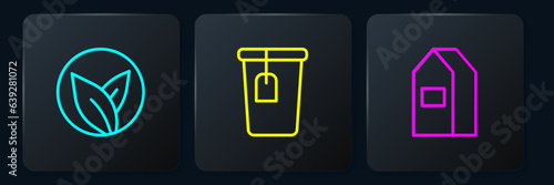 Set line Tea leaf, Paper package for milk and Cup with tea bag. Black square button. Vector