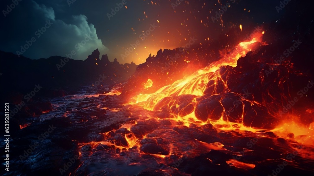 Active volcano spewing molten lava at night
