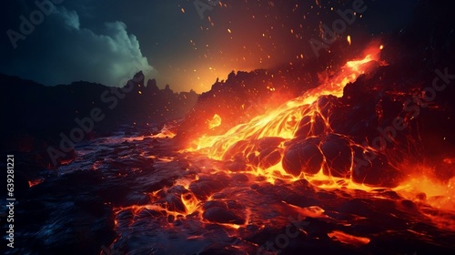 Active volcano spewing molten lava at night 