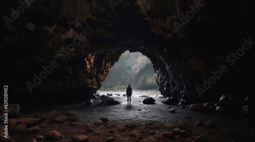 A photo taken from inside of a cave  of a man standing in front of the entrance to the cave.