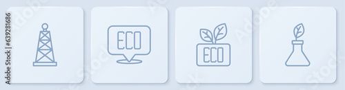 Set line Oil rig, Leaf Eco symbol, and Plant breeding. White square button. Vector
