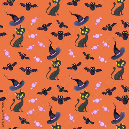 Watercolor seamless pattern with a black cat on the theme of Halloween