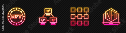 Set line NFT blockchain technology, Digital crypto art, and Laptop with store app. Glowing neon icon. Vector