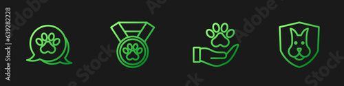 Set line Hands with animals footprint, Paw, Pet award symbol and Animal health insurance. Gradient color icons. Vector