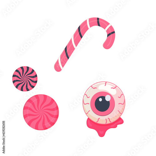 Pink Halloween candy set and eye, vector