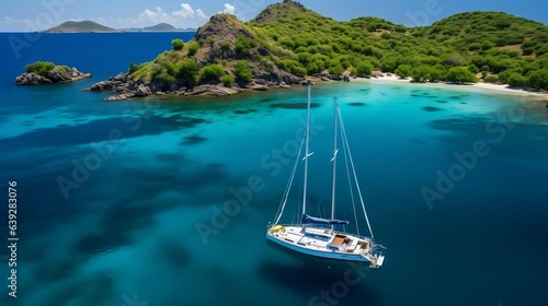 Sailboats nestled between islands in calm waters  © Halim Karya Art