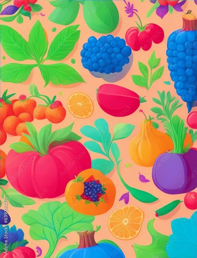 pattern of fresh fruits, vegetables and herbs you find in the market illustration
