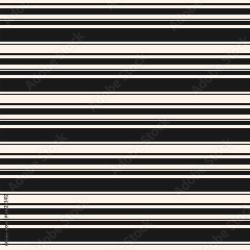 Horizontal black and white stripes seamless pattern. Simple vector thin and thick lines texture. Modern abstract geometric striped background. Repeat monochrome design for print, decor, textile, wrap