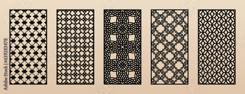 Decorative panels for CNC, laser cutting. Vector set of elegant patterns with abstract geometric grid, mesh, lattice, net, wavy lines. Laser cut templates for wood, metal, plastic. Aspect ratio 1:2