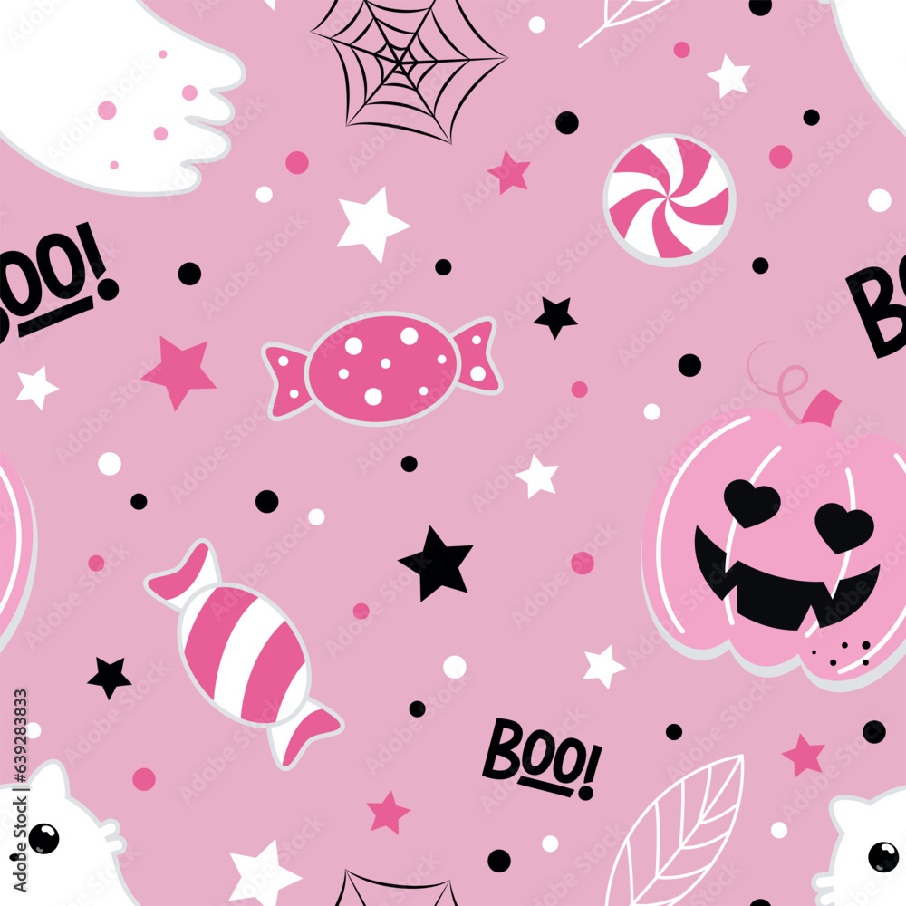 Halloween seamless pattern. Vector illustration of cute ghost cats, pumpkins and candies on a pink background. Vector cartoon seamless pattern.