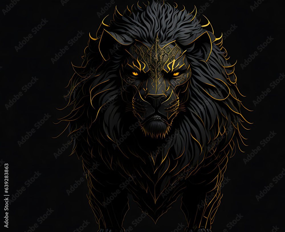 Golden-toned portrait of a lion on a black background