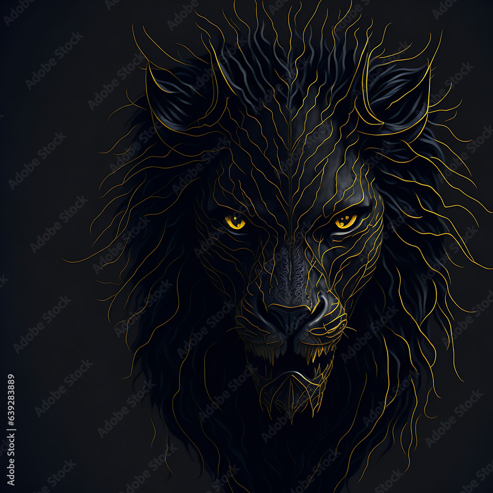 Three-dimensional design of a lion portrait on a black background