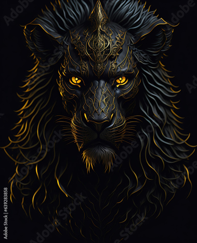 Golden-toned portrait of a lion on a black background © samaneh